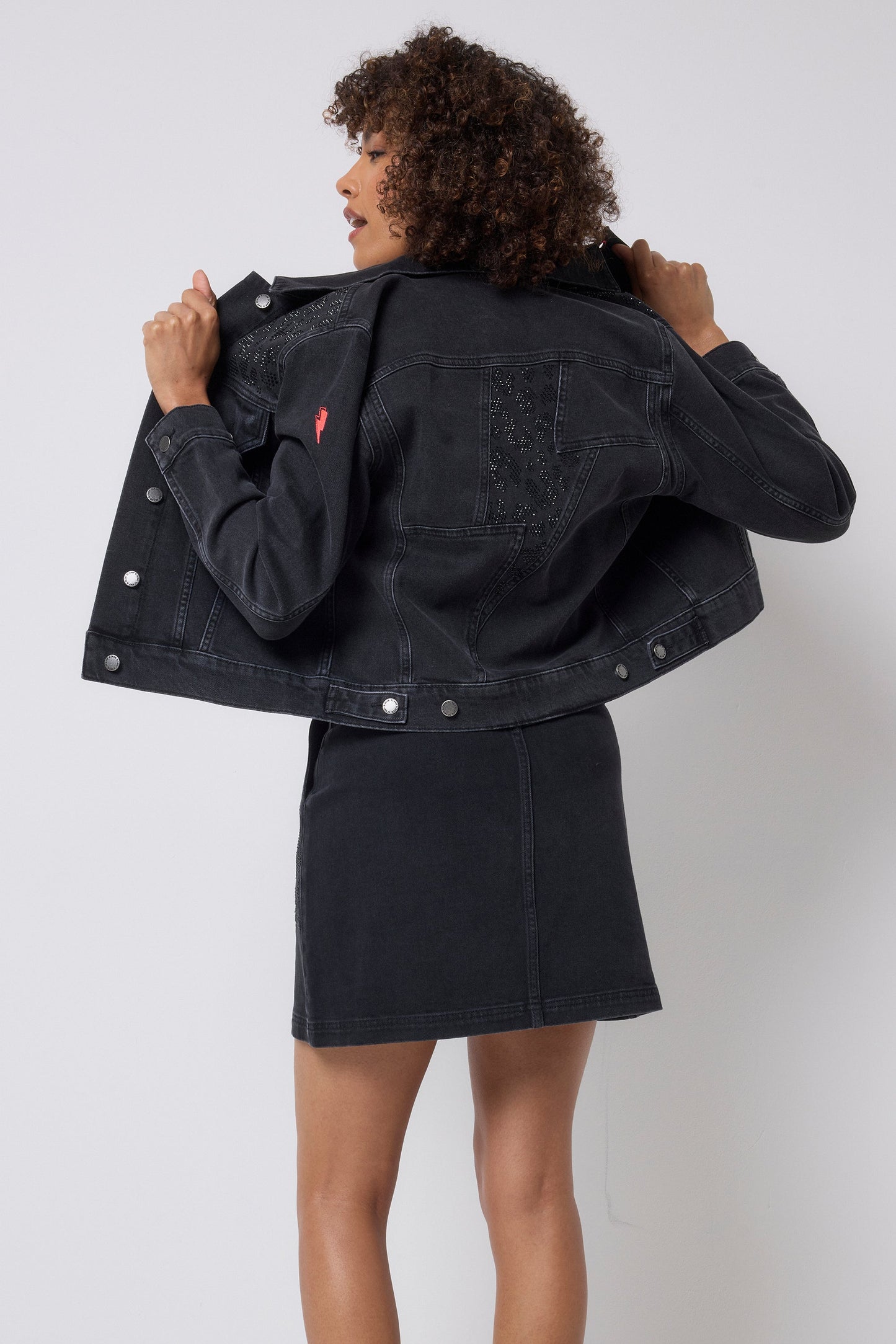 Washed Black Embellished Leopard Denim Jacket