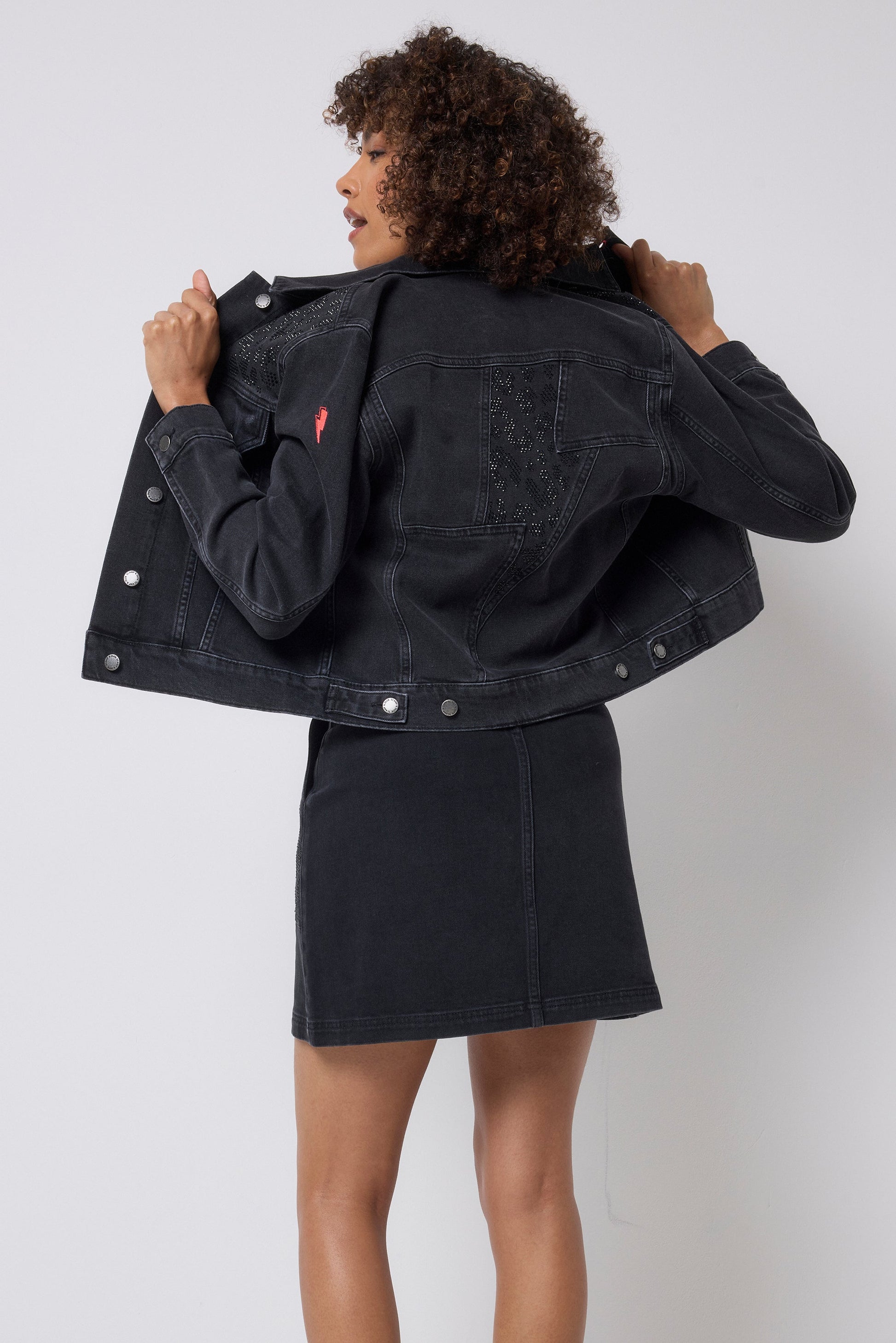 Washed Black Embellished Leopard Denim Jacket