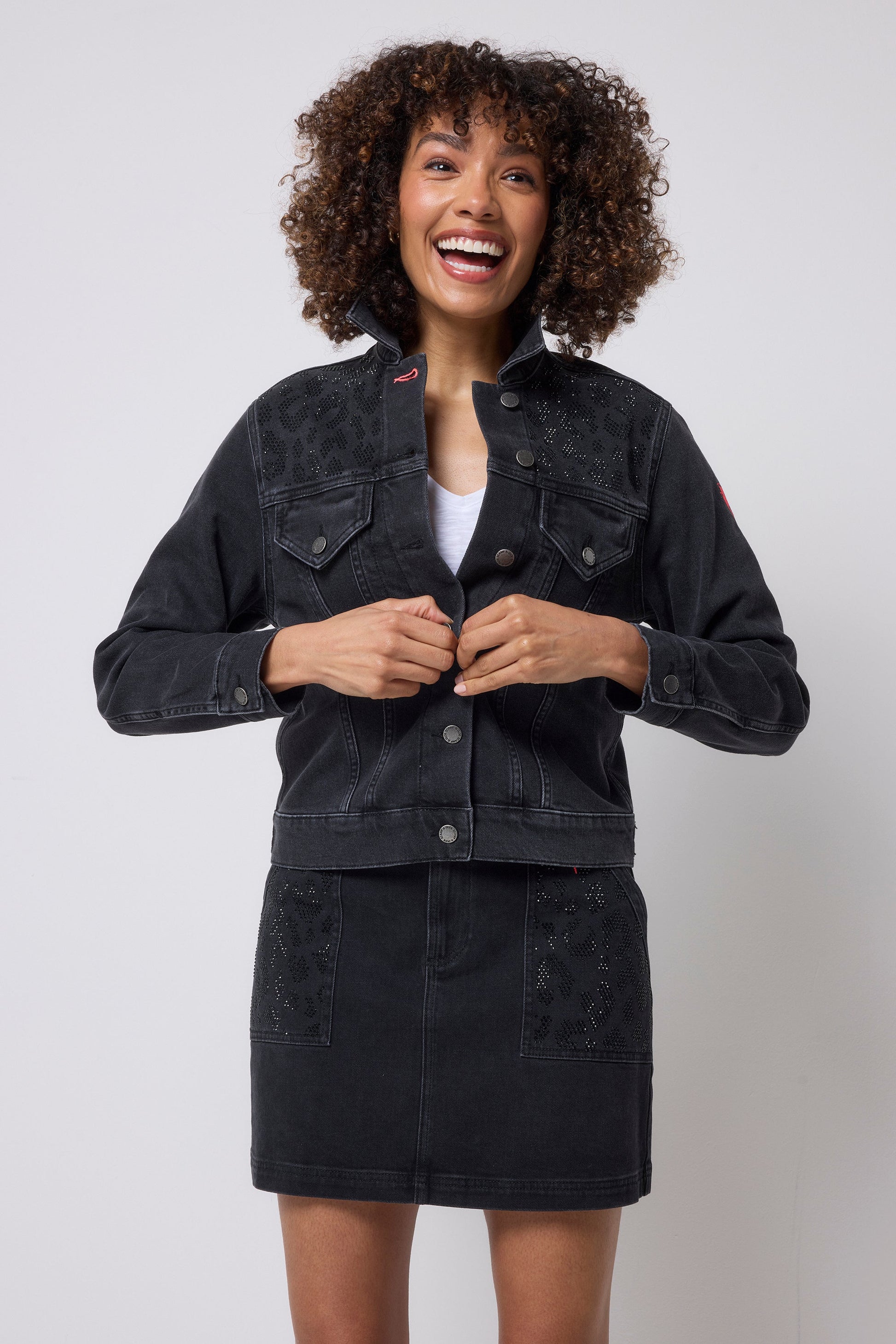 Washed Black Embellished Leopard Denim Jacket