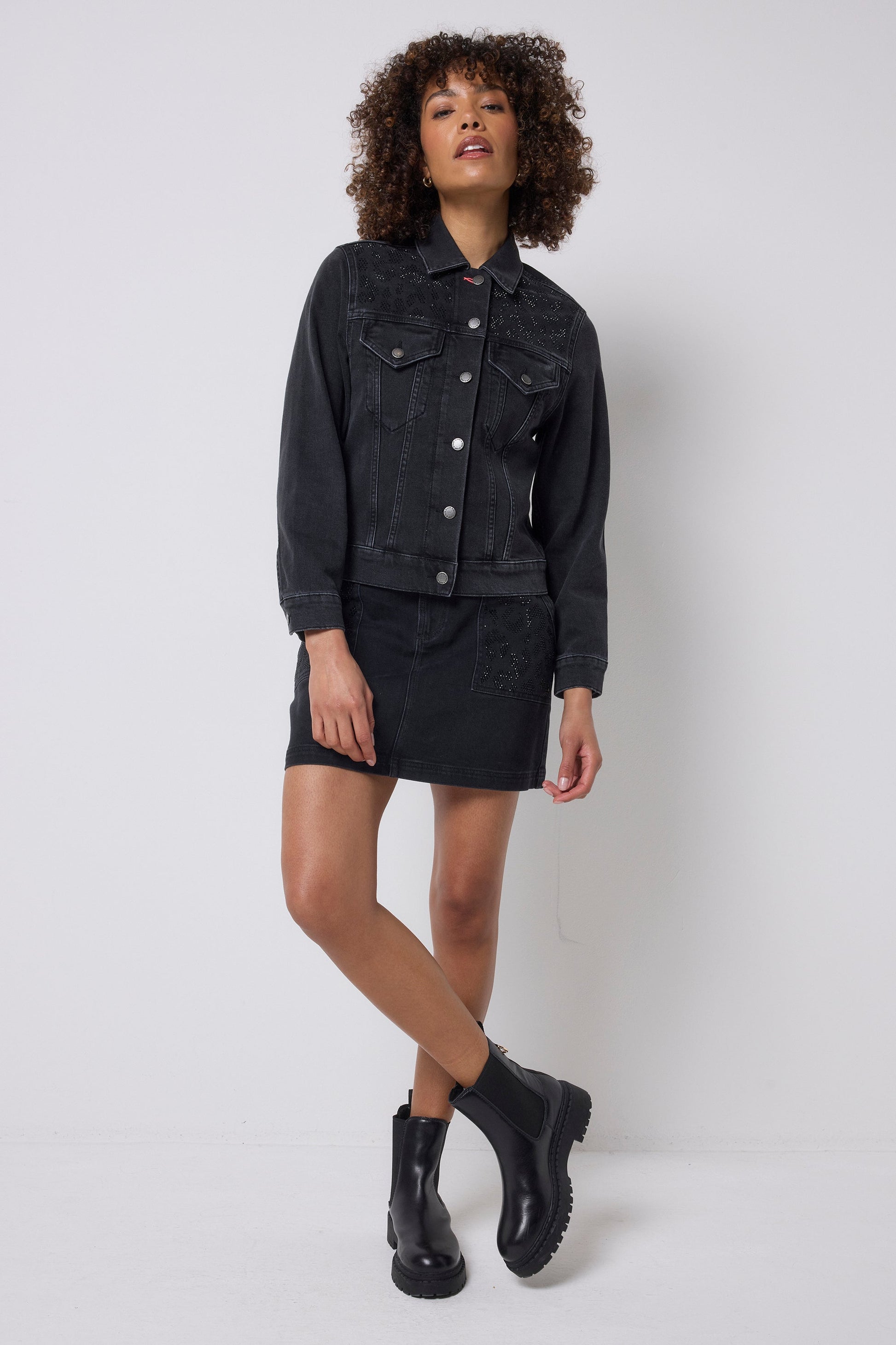 Washed Black Embellished Leopard Denim Jacket