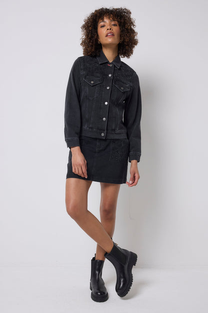 Washed Black Embellished Leopard Denim Jacket