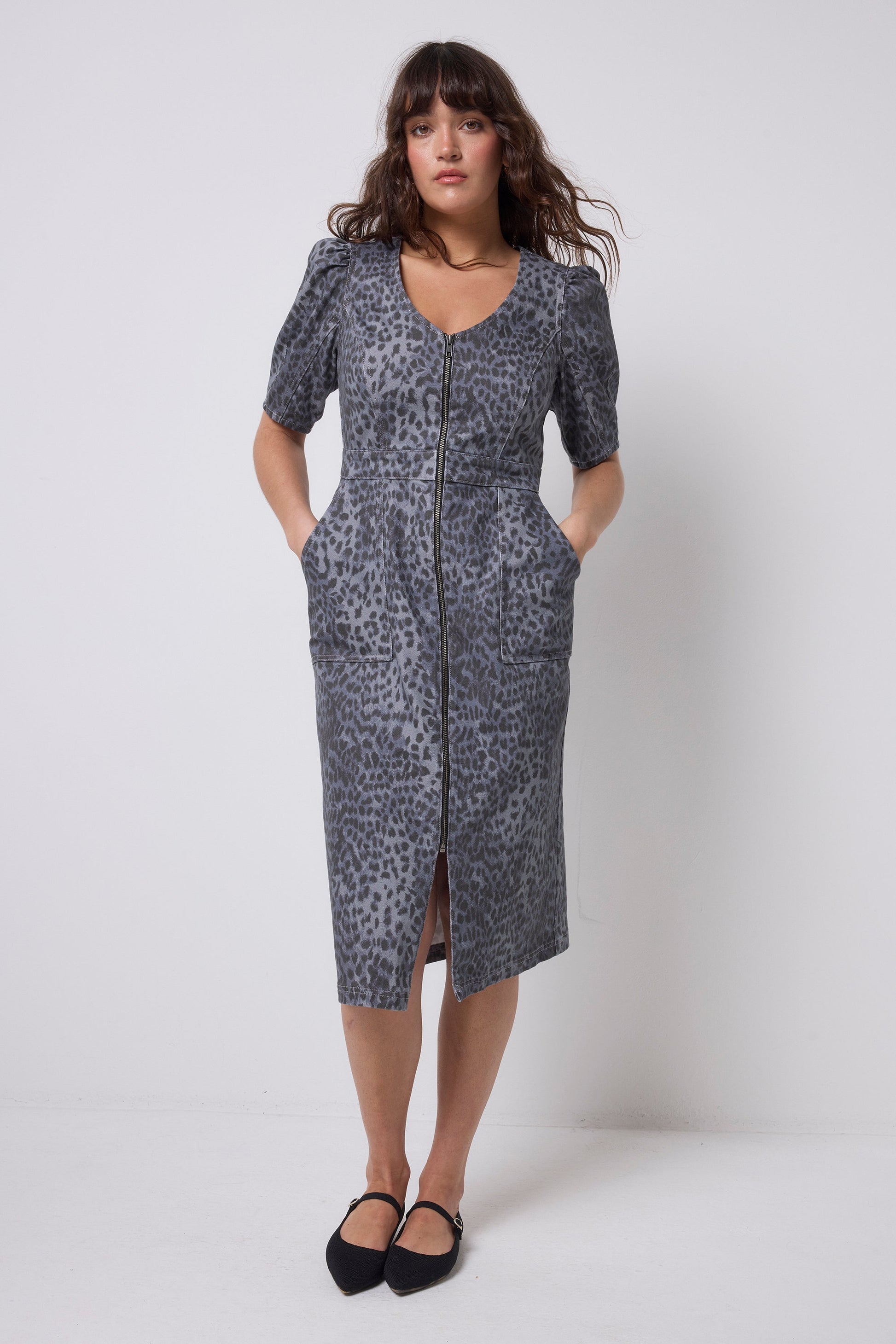 Washed Navy Wild Cheetah Denim Zip Front Midi Dress