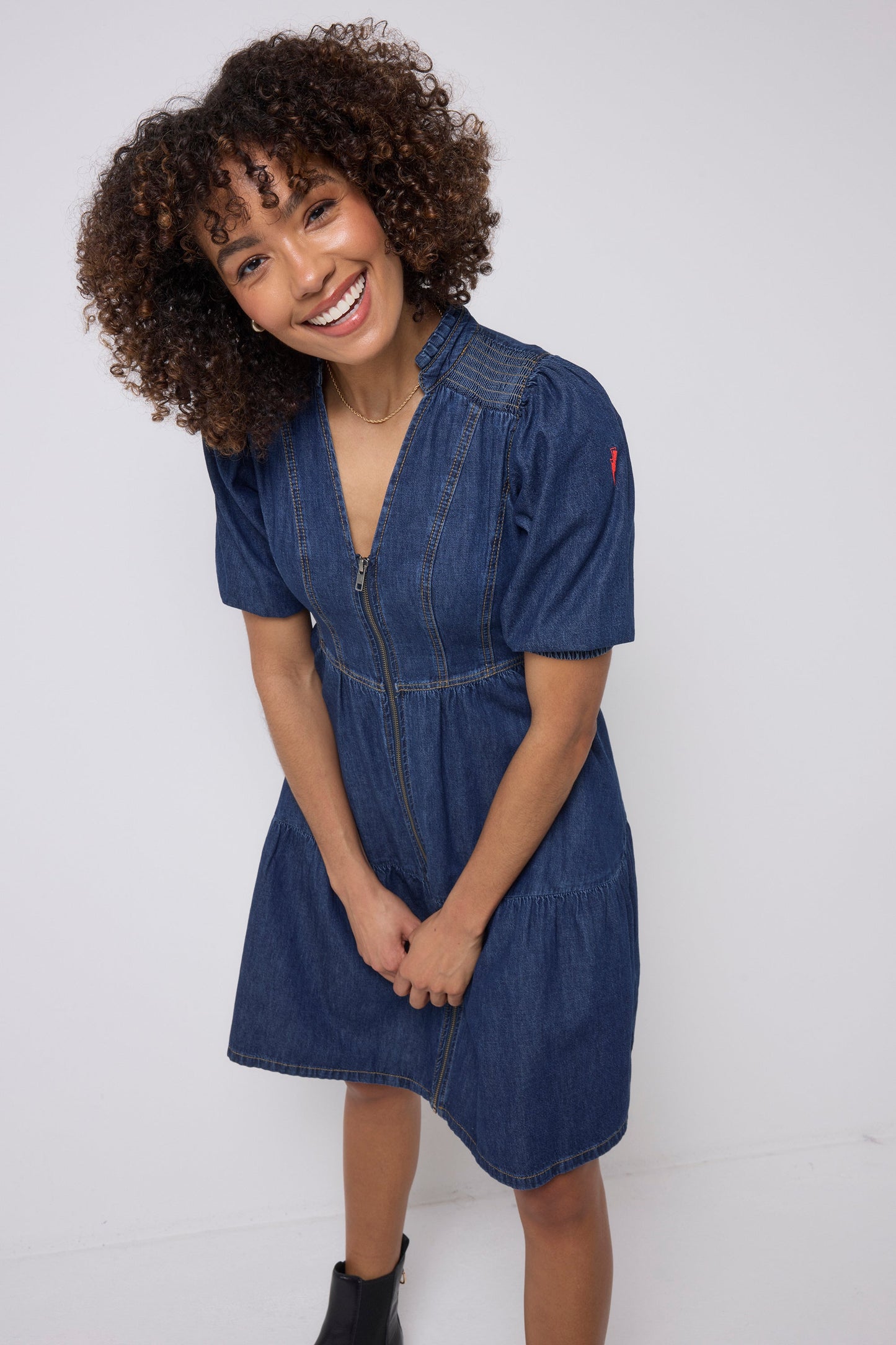 Authentic Indigo Zip Detail Tiered Short Denim Dress