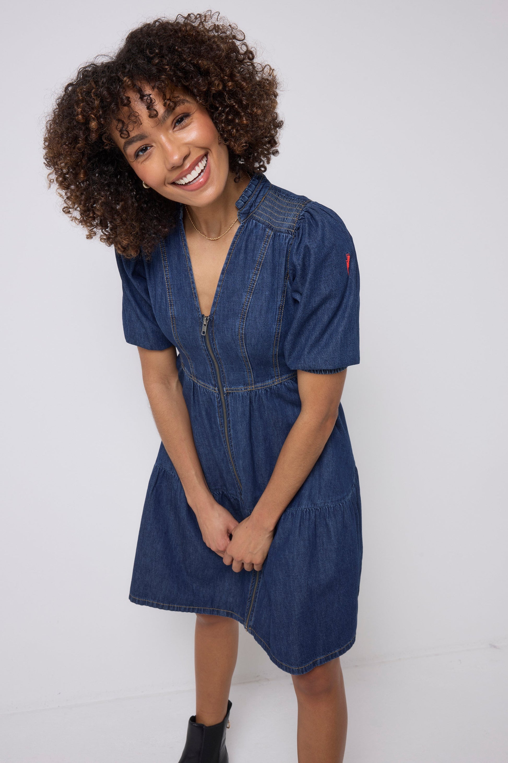 Authentic Indigo Zip Detail Tiered Short Denim Dress