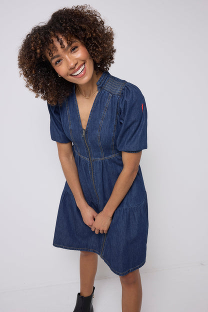 Authentic Indigo Zip Detail Tiered Short Denim Dress
