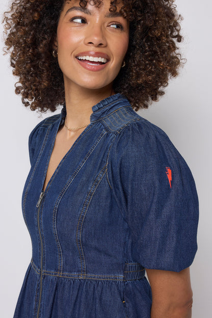 Authentic Indigo Zip Detail Tiered Short Denim Dress