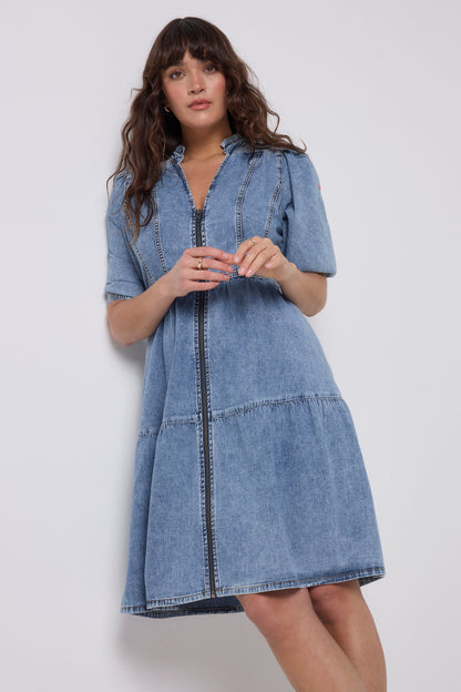 Pale Indigo Zip Detail Tiered Short Denim Dress