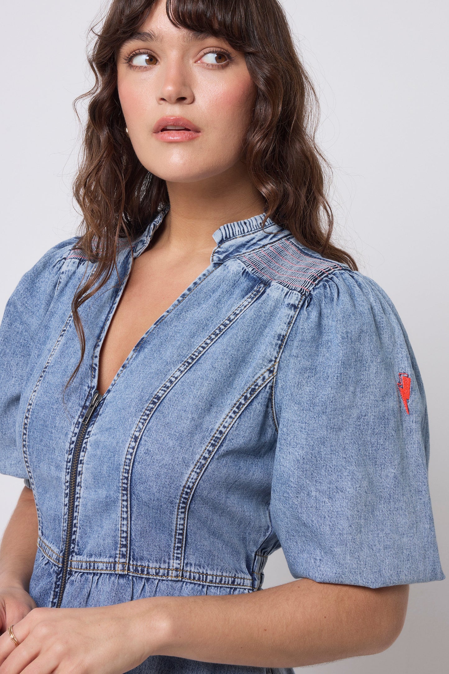 Pale Indigo Zip Detail Tiered Short Denim Dress