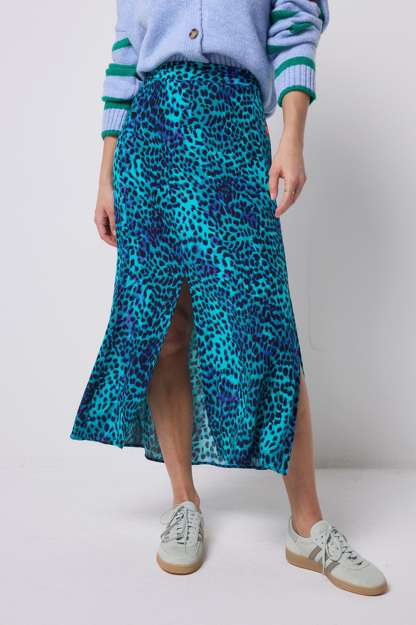 Turquoise with Blue Cheetah Split Front Skirt