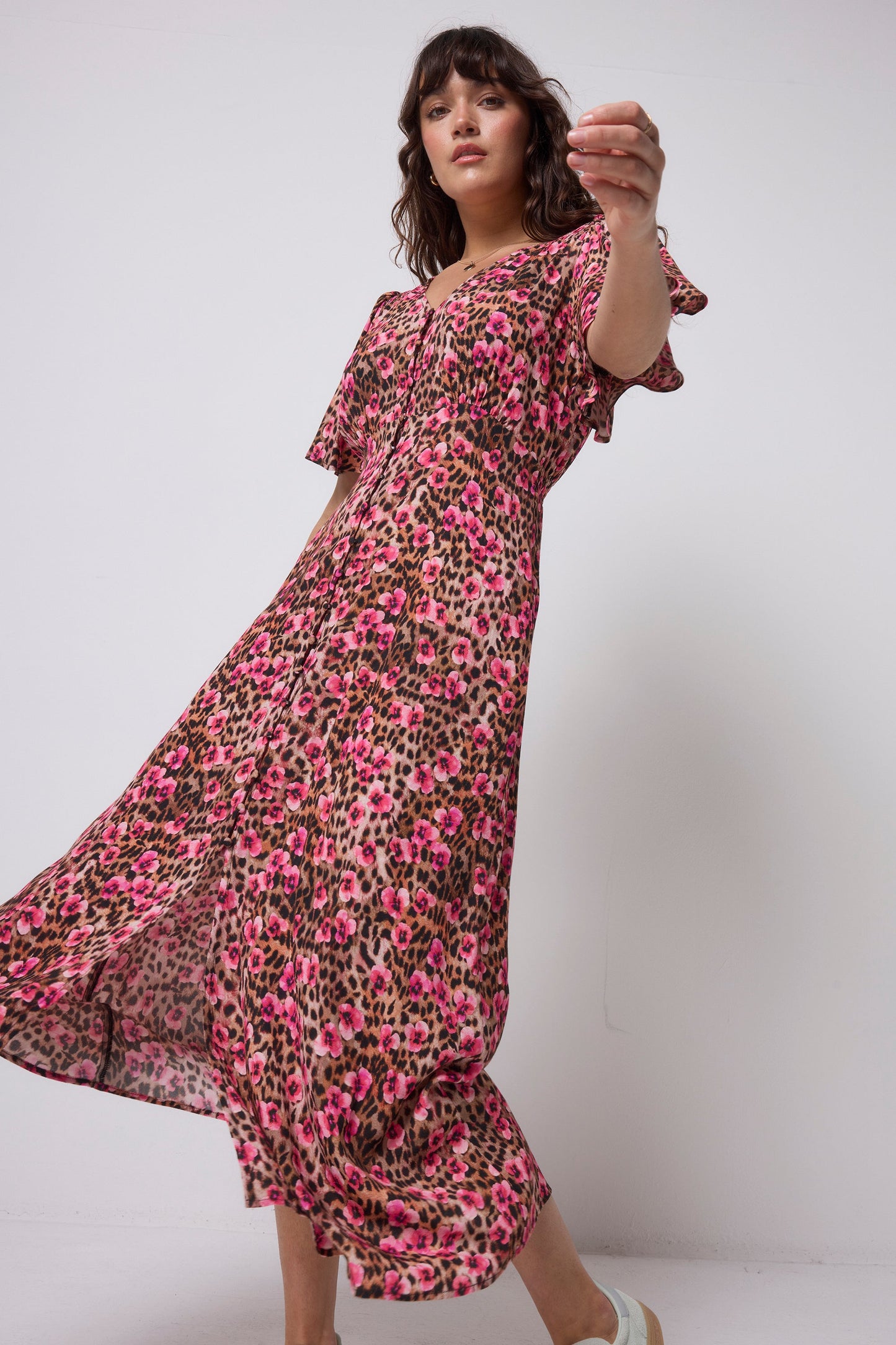 Neutral Paradise Cheetah Angel Sleeve Midi Tea Dress