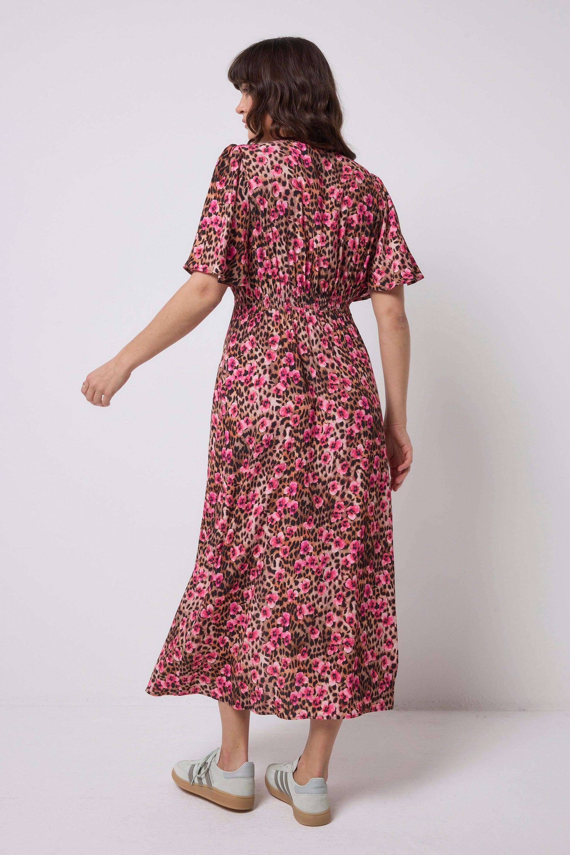 Neutral Paradise Cheetah Angel Sleeve Midi Tea Dress