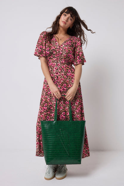 Neutral Paradise Cheetah Angel Sleeve Midi Tea Dress
