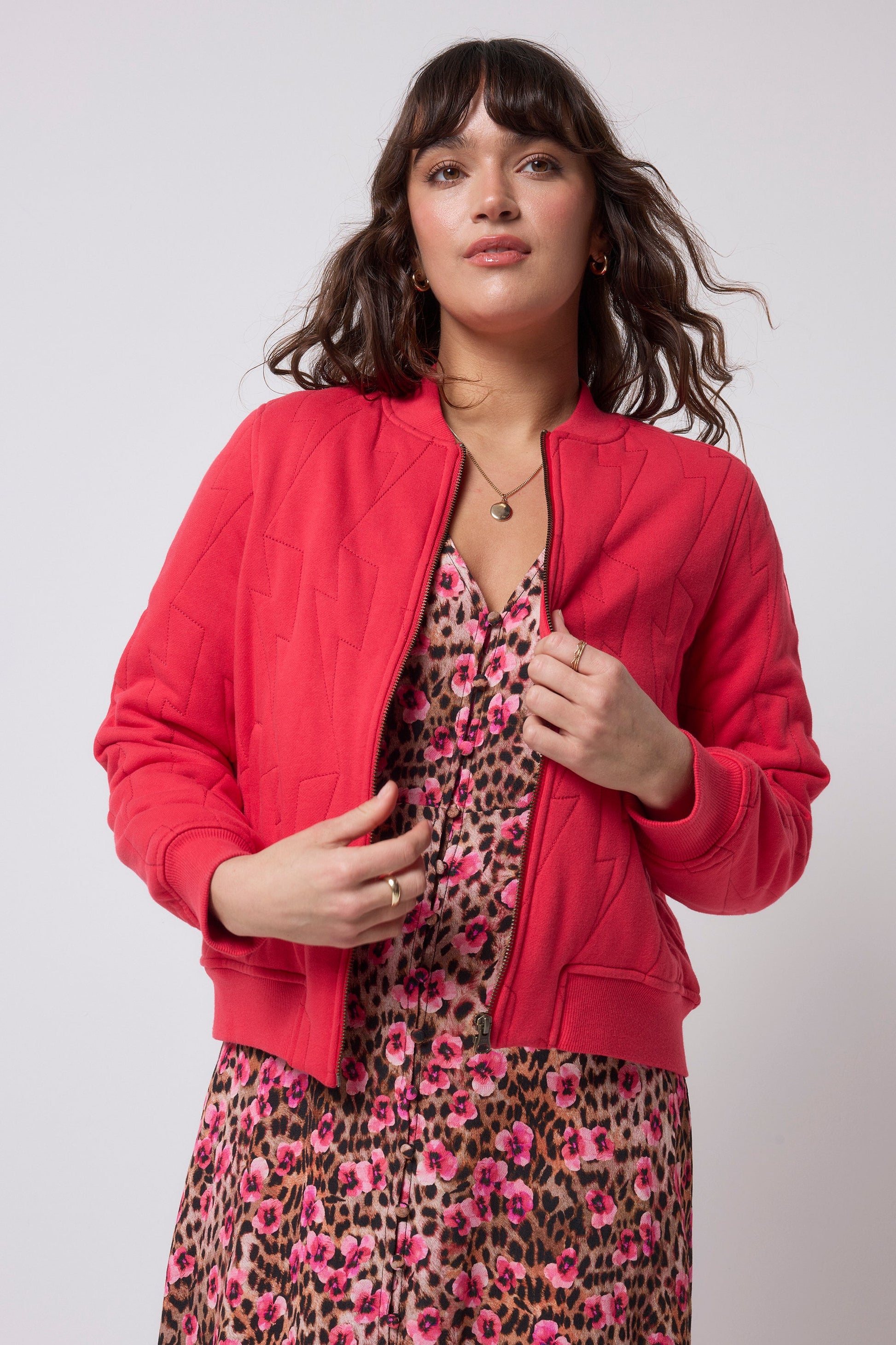 Red Lightning Bolt Fitted Quilted Bomber Jacket