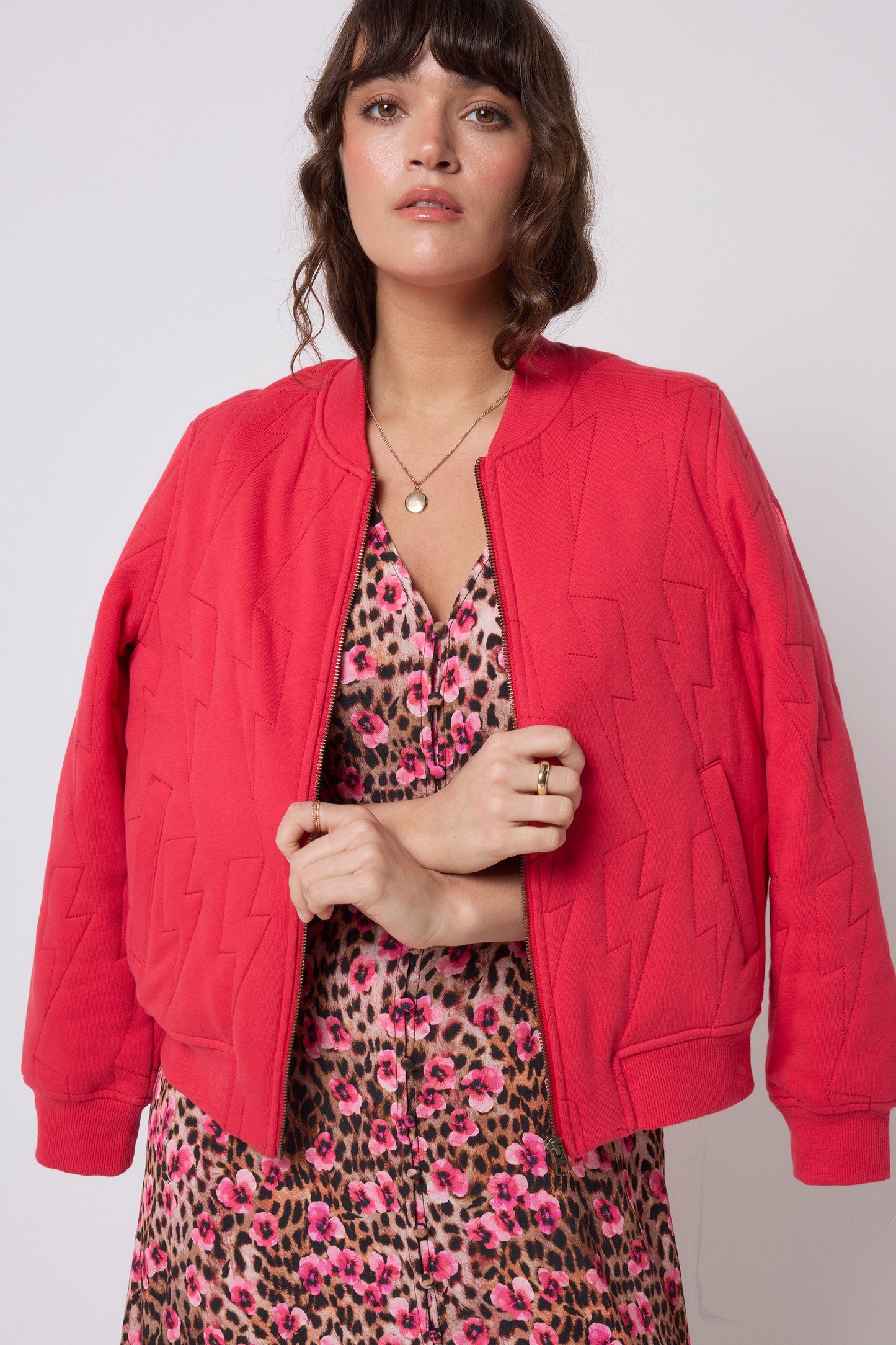 Red Lightning Bolt Fitted Quilted Bomber Jacket
