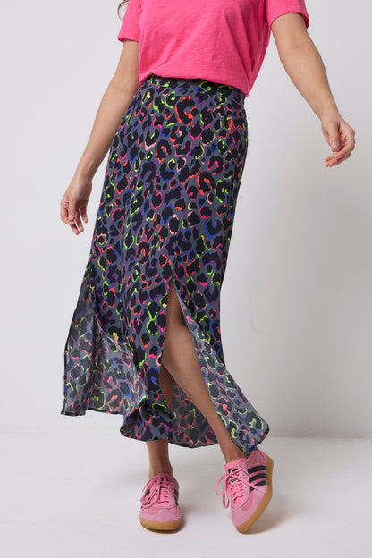 Grey with Rainbow Shadow Leopard Split Front Skirt