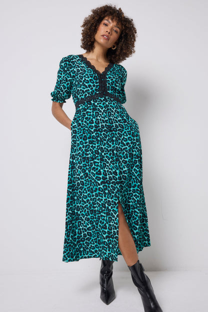 Green Jaguar Lace Trim Puff Sleeve Midi Tea Dress