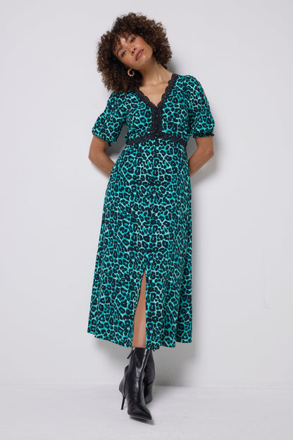 Green Jaguar Lace Trim Puff Sleeve Midi Tea Dress