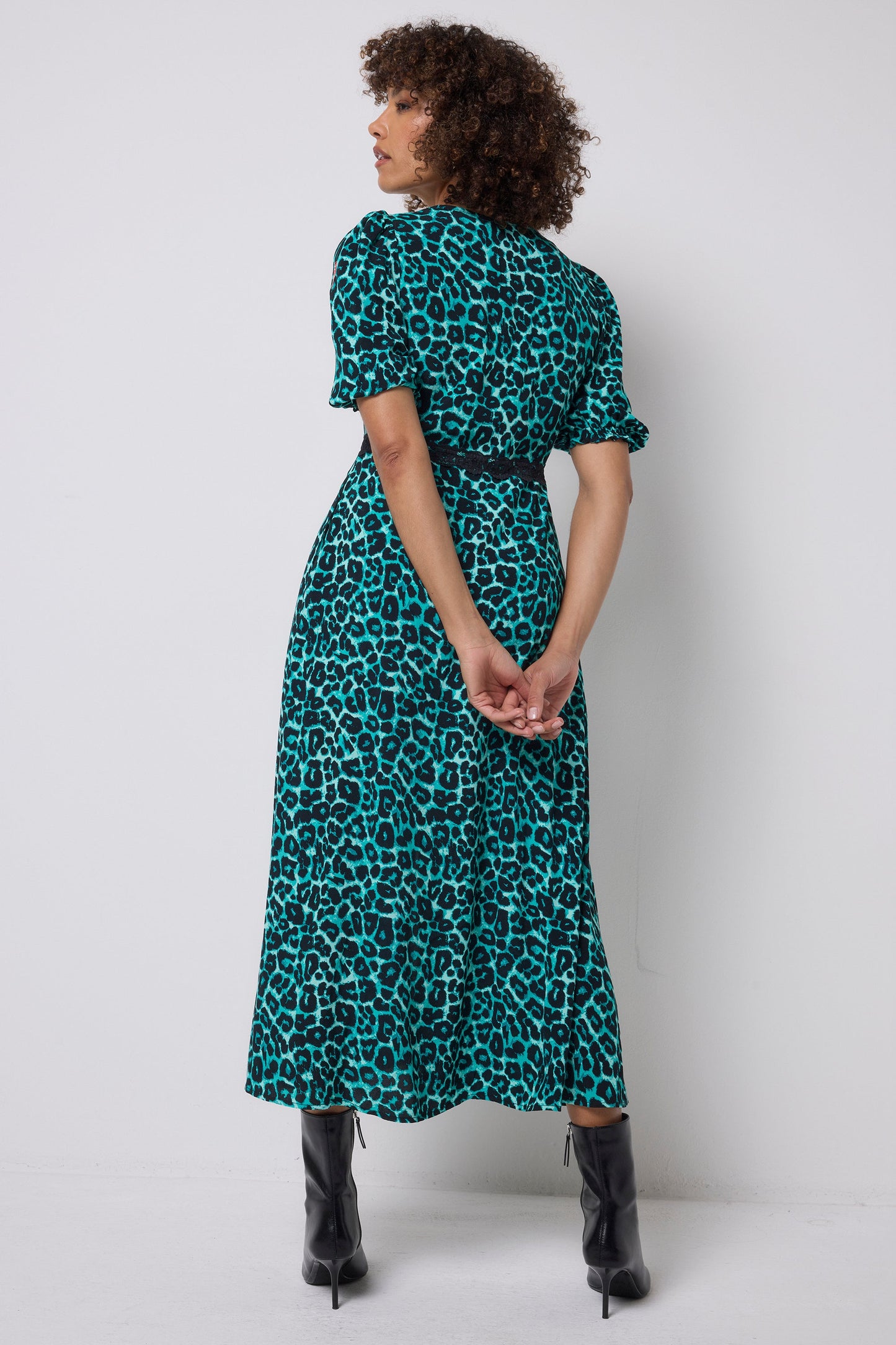 Green Jaguar Lace Trim Puff Sleeve Midi Tea Dress
