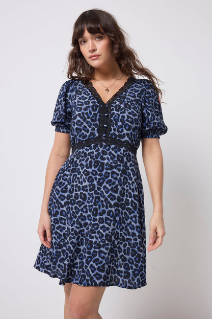 Navy Jaguar Lace Trim Short Tea Dress