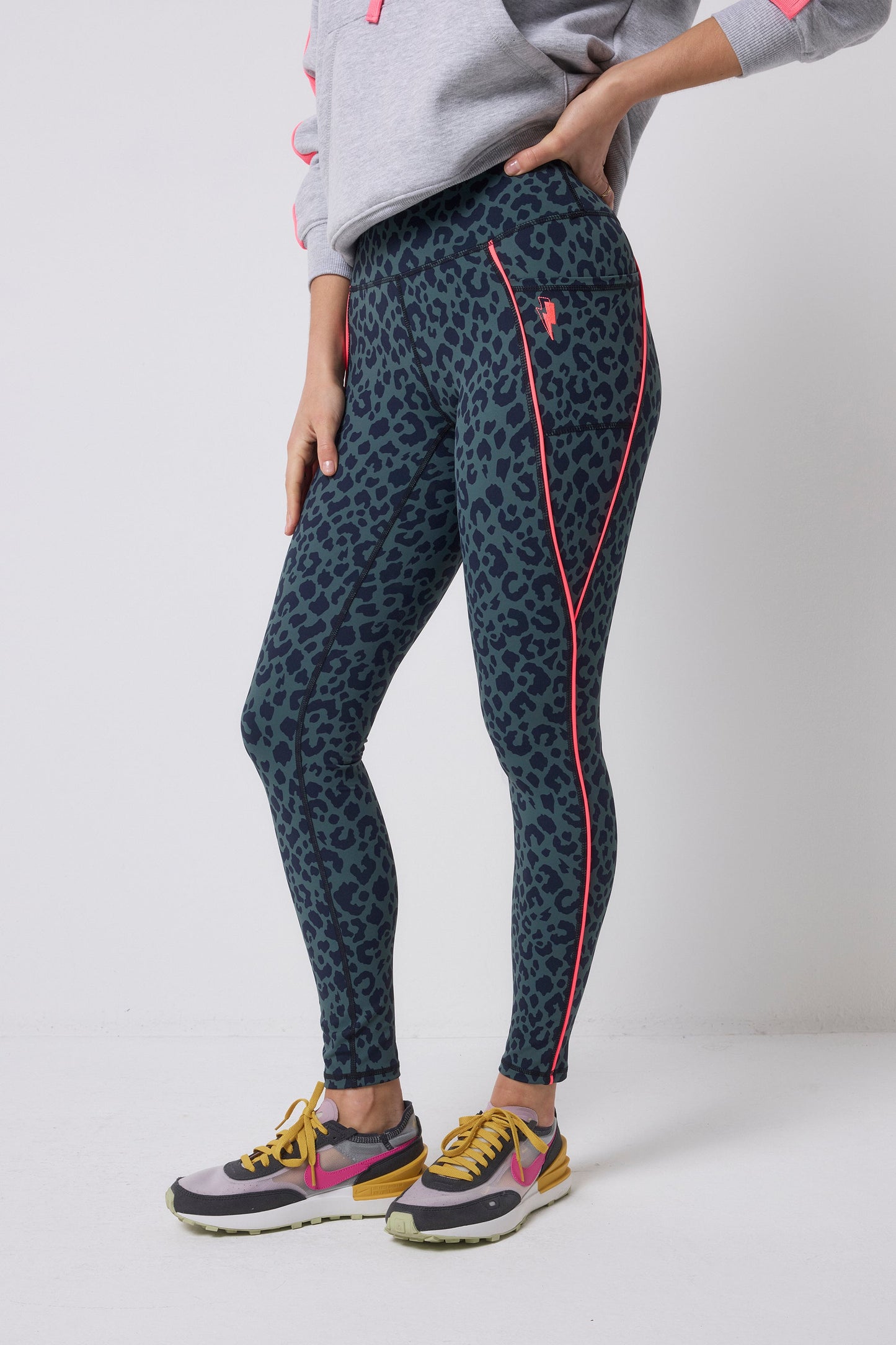 Khaki with Navy Candy Leopard Full Length Active Leggings