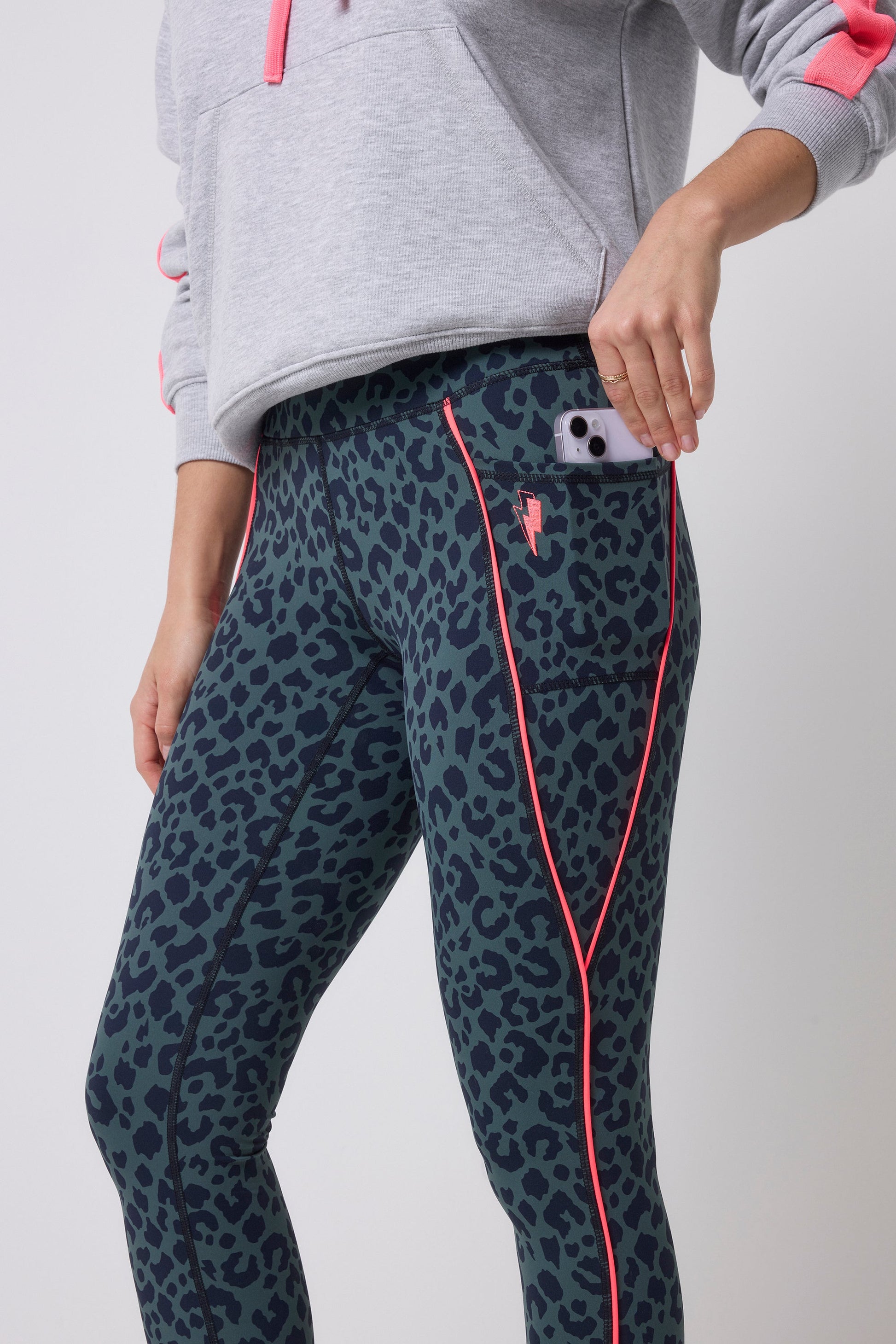 Khaki with Navy Candy Leopard Full Length Active Leggings