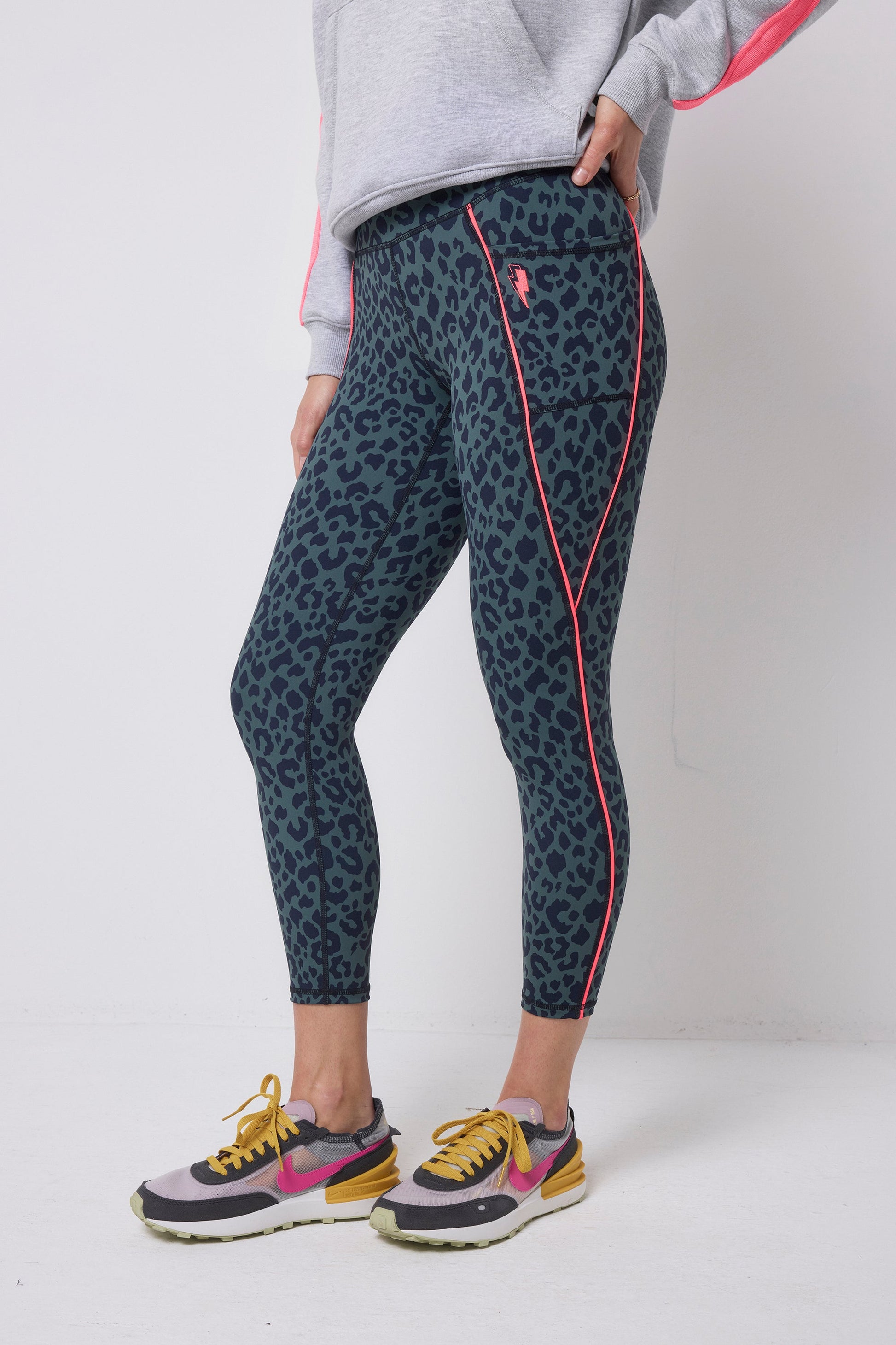Khaki with Navy Candy Leopard 7/8 Length Active Leggings