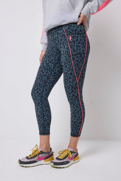 Khaki with Navy Candy Leopard 7/8 Length Active Leggings