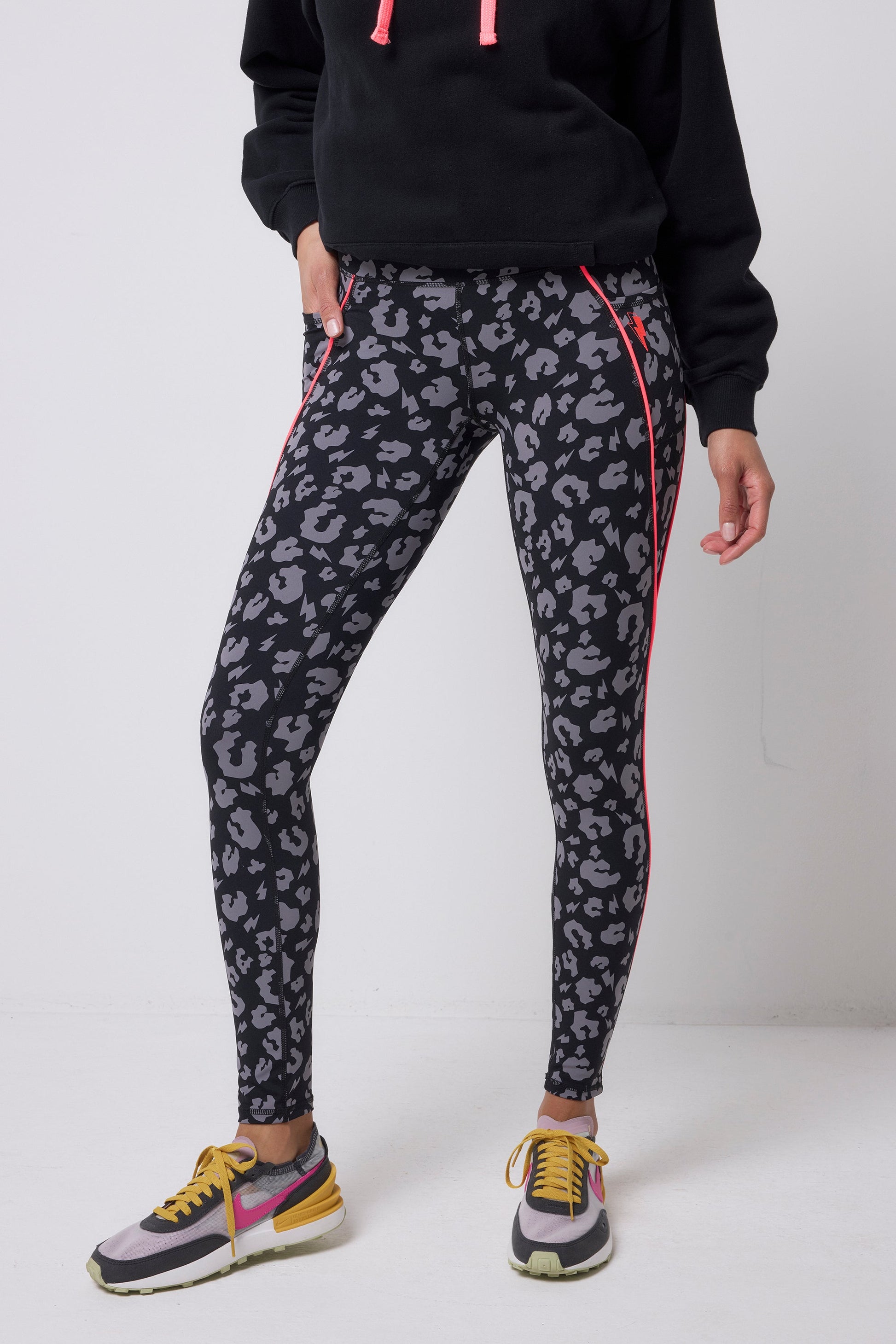 Black with Grey Leopard Full Length Active Leggings
