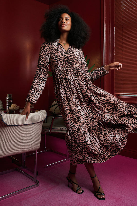 Neutral with Black Cheetah Blouson Sleeve Tie Front Midi Dress