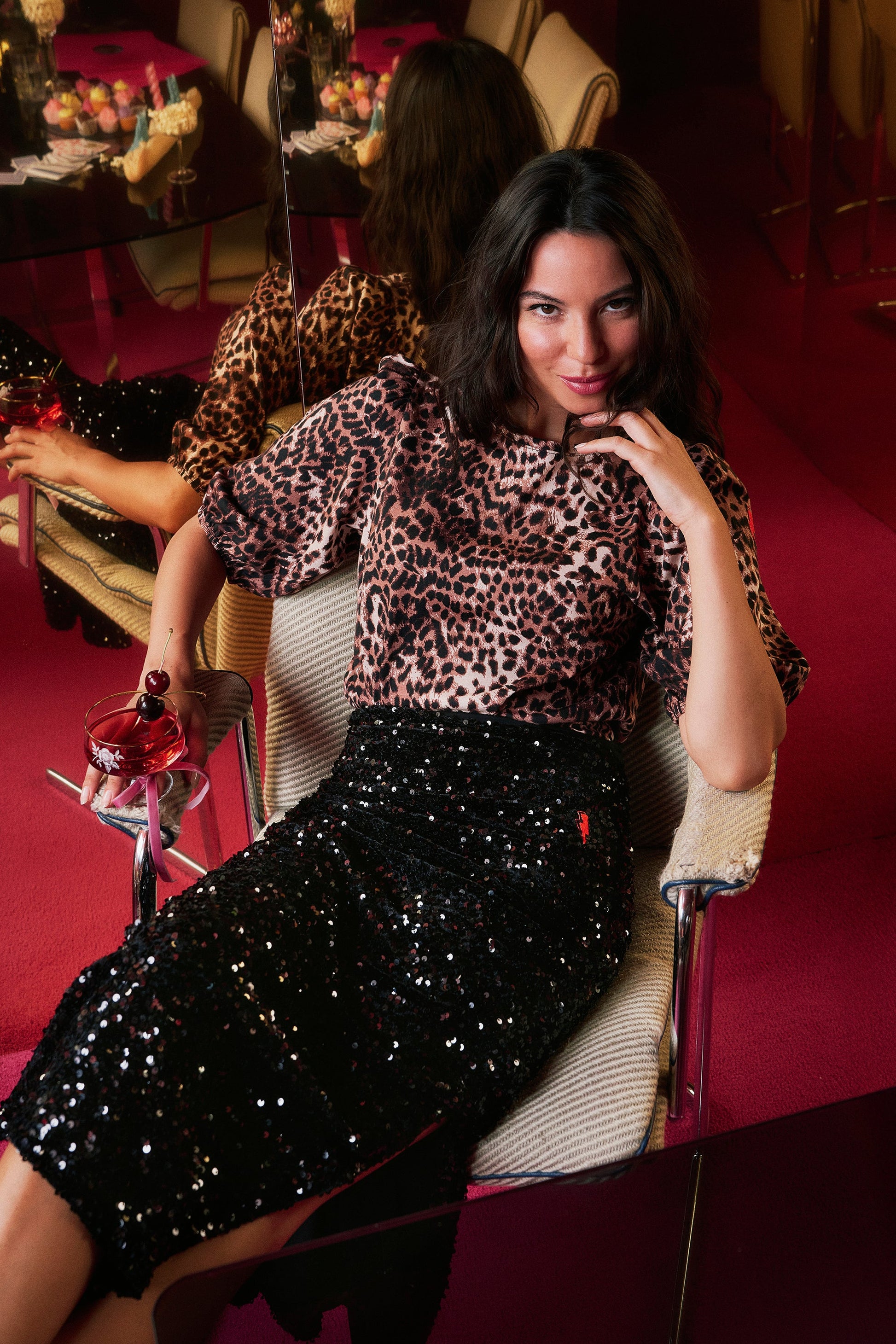 Black Sequin Velvet Midi Skirt