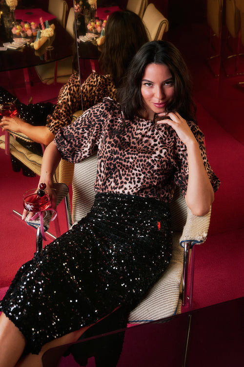 Black Sequin Velvet Midi Skirt