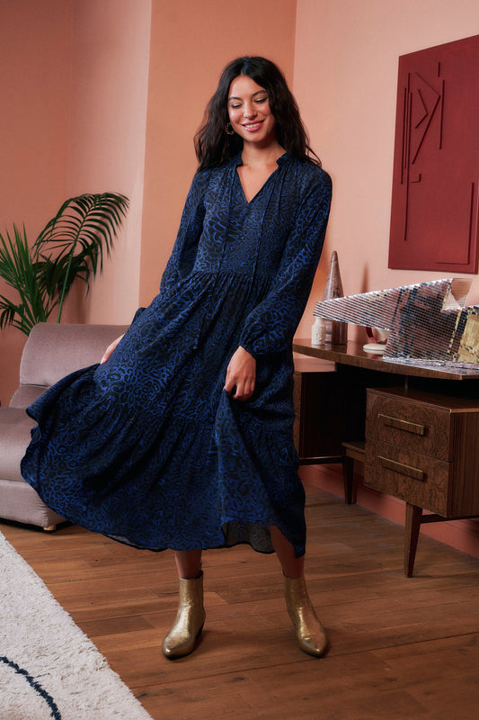 Navy Leopard Ray Blouson Sleeve Tie Front Midi Dress