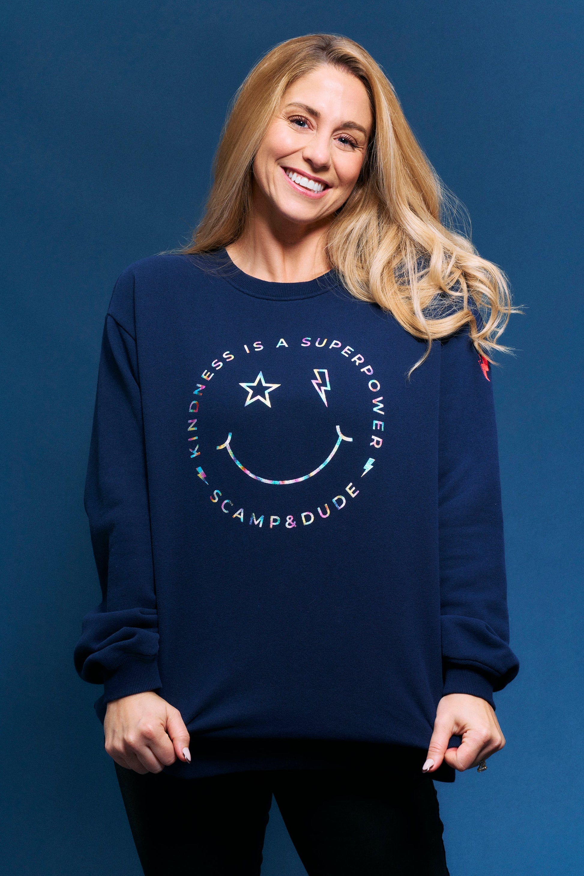 Scamp & Dude x Style For Stroke Navy with Rainbow Foil Smiley Face Charity Oversized Sweatshirt