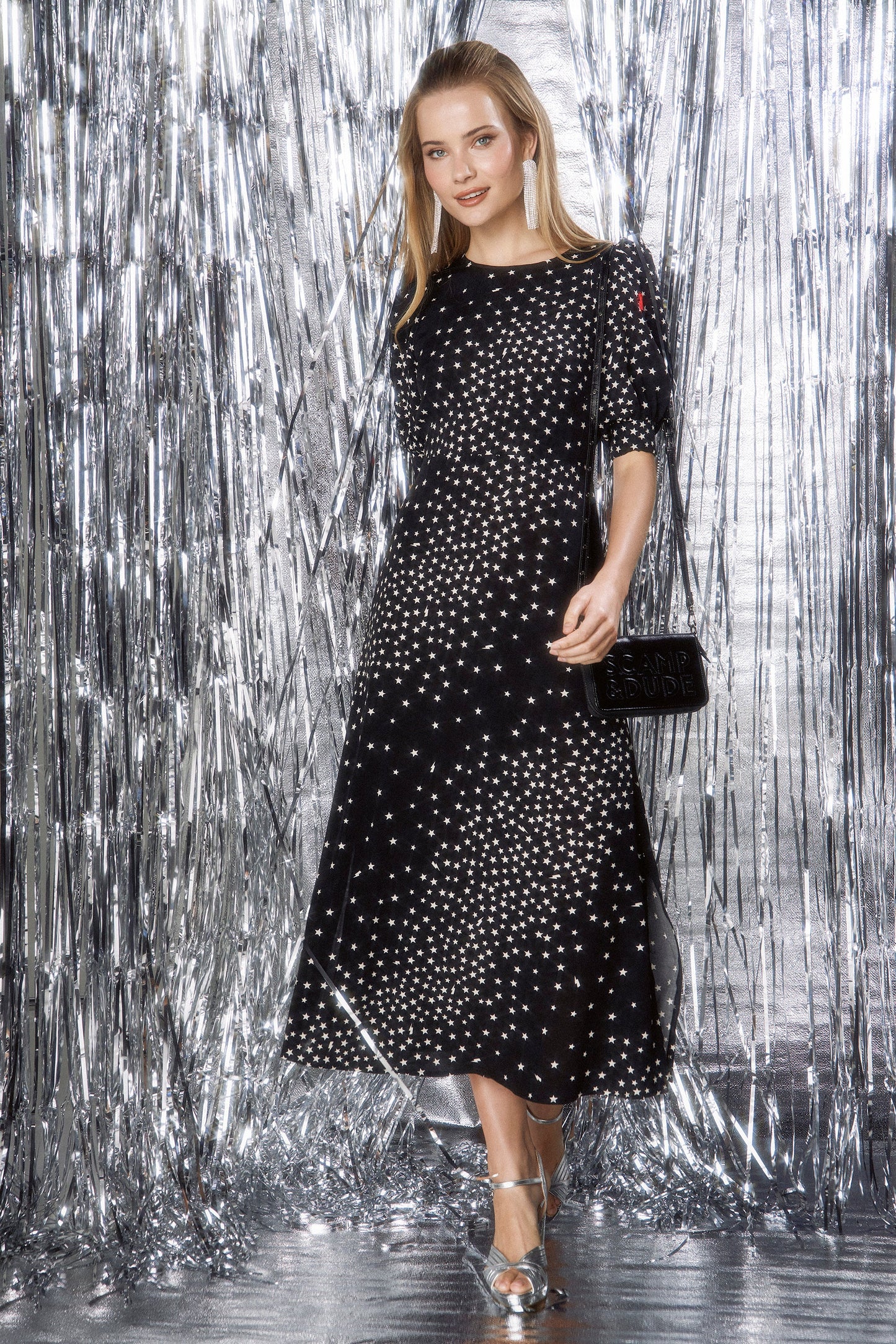 Black with White Star Cluster Midi Dress