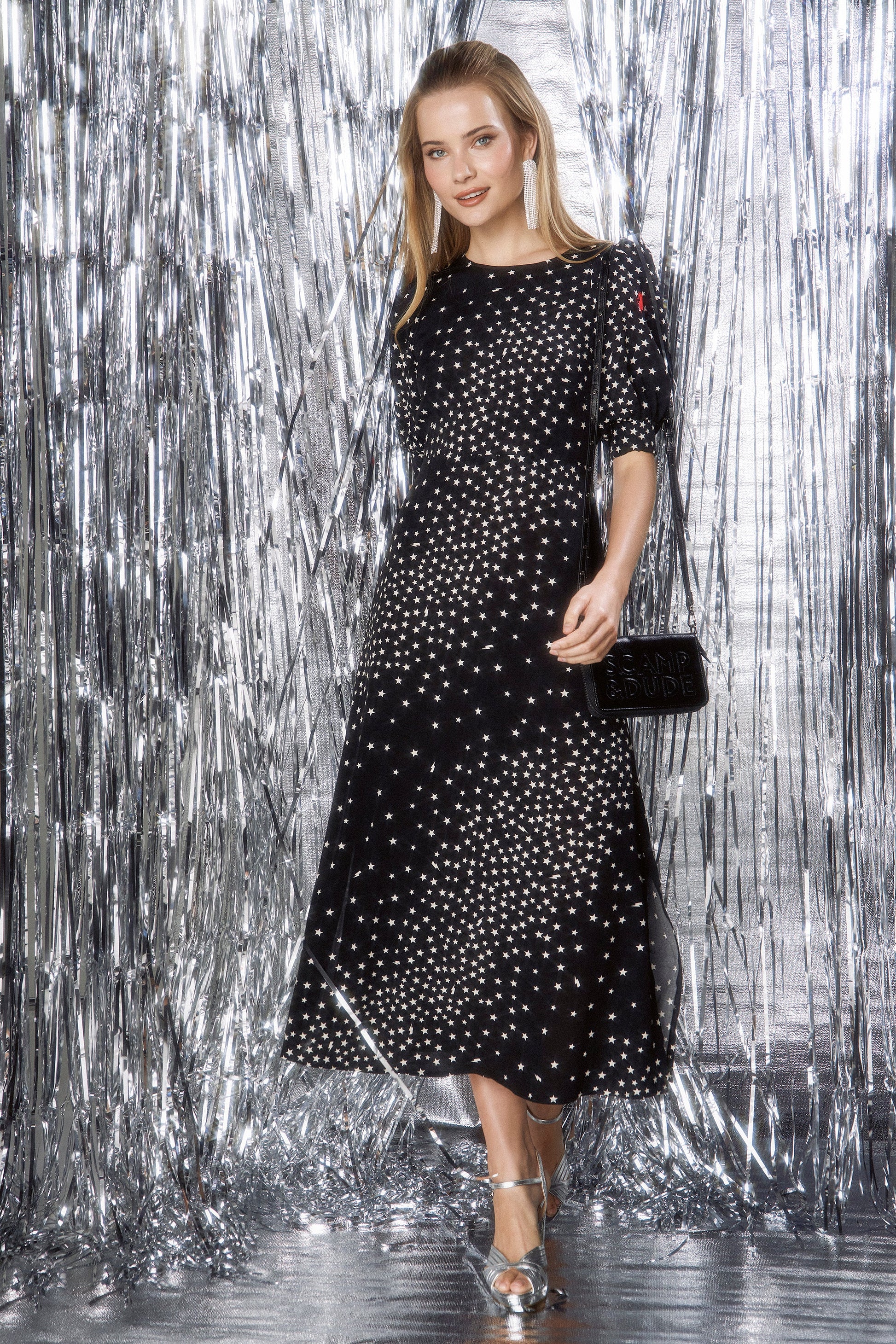 Black with White Star Cluster Midi Dress