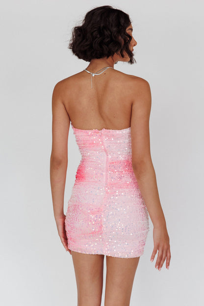 Calen Ruched Sequin Mini Dress Pink