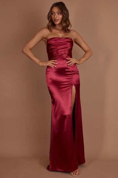 Kalisa Strapless Thigh Split Maxi Dress Burgundy