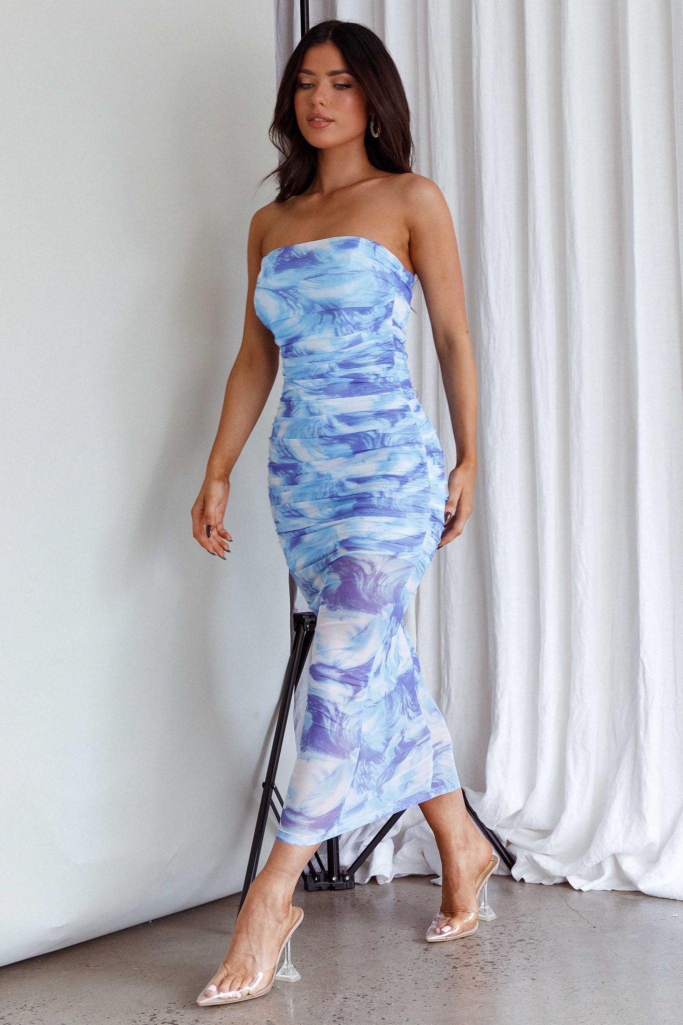 Logan Strapless Ruched Midi Dress Blue