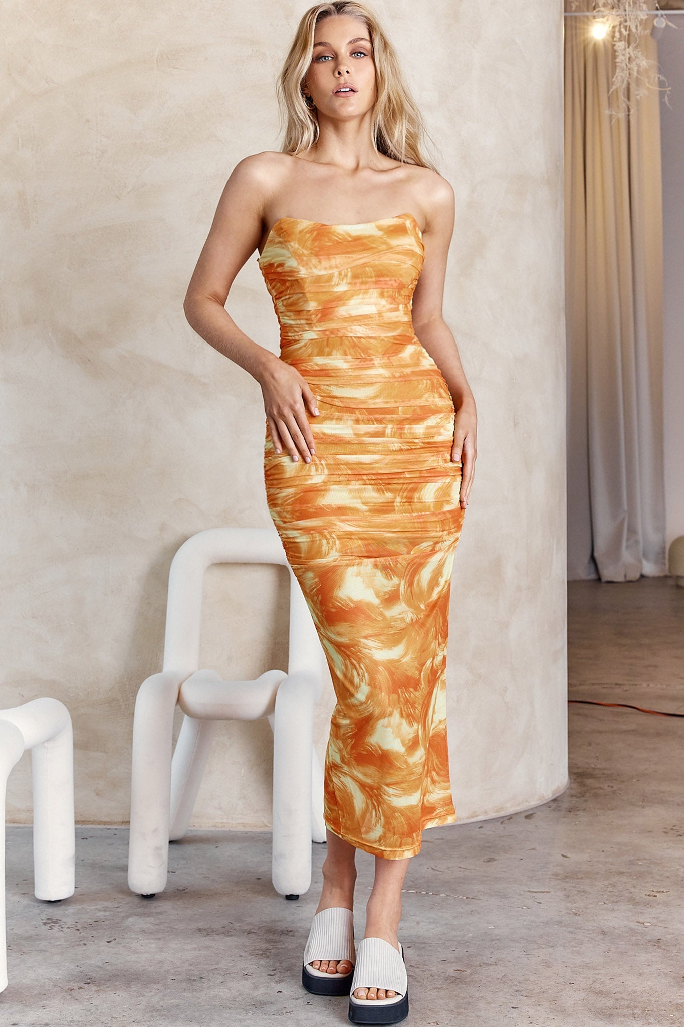 Logan Strapless Ruched Midi Dress Orange