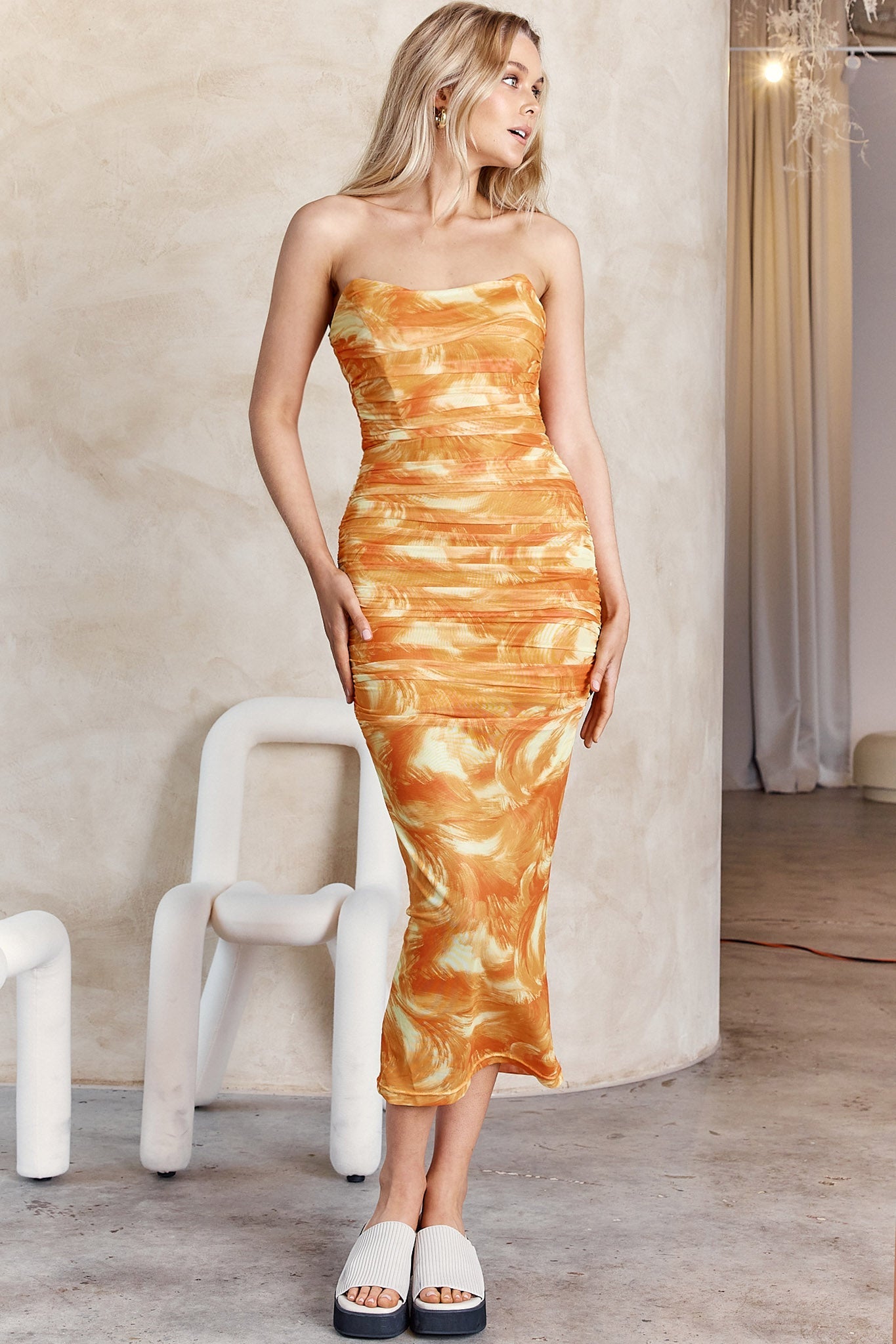 Logan Strapless Ruched Midi Dress Orange