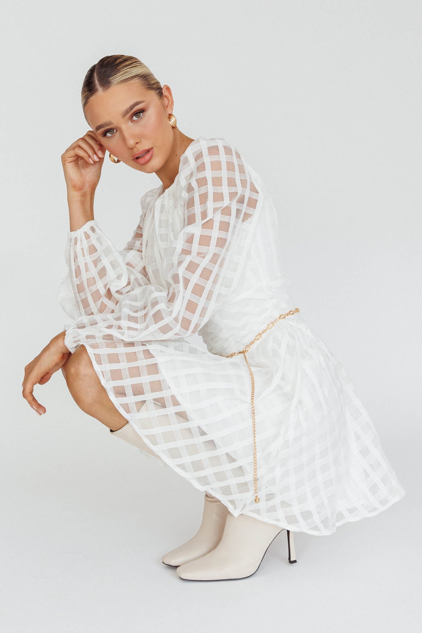 Tatiana Long Sleeve Plaid Mini Dress White