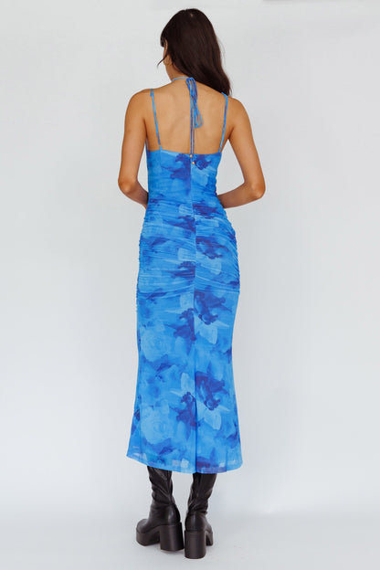 Gypsy Garden Laced Bodice Ruched Midi Dress Blue