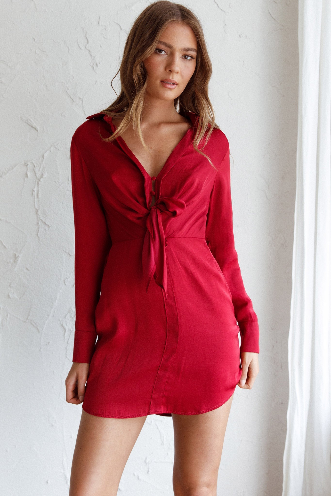 Marinah Tie Bust Shirt Dress Wine