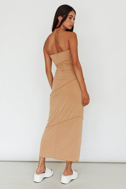 Making Headlines Strapless Midi Dress Camel