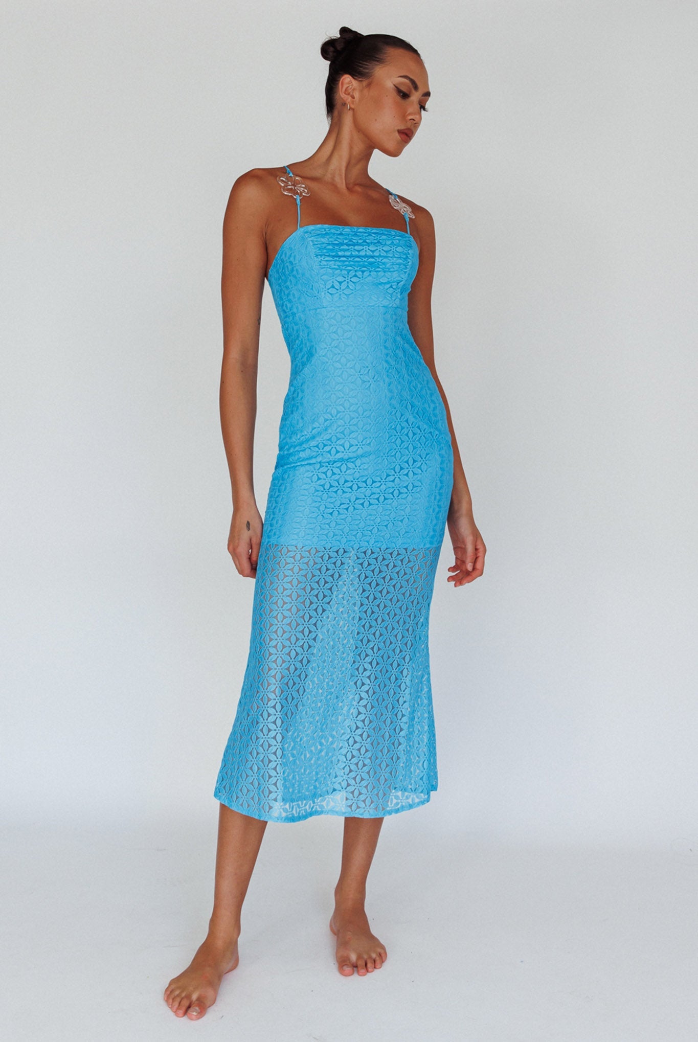 Lazy Daisy Flower Strap Midi Dress Blue