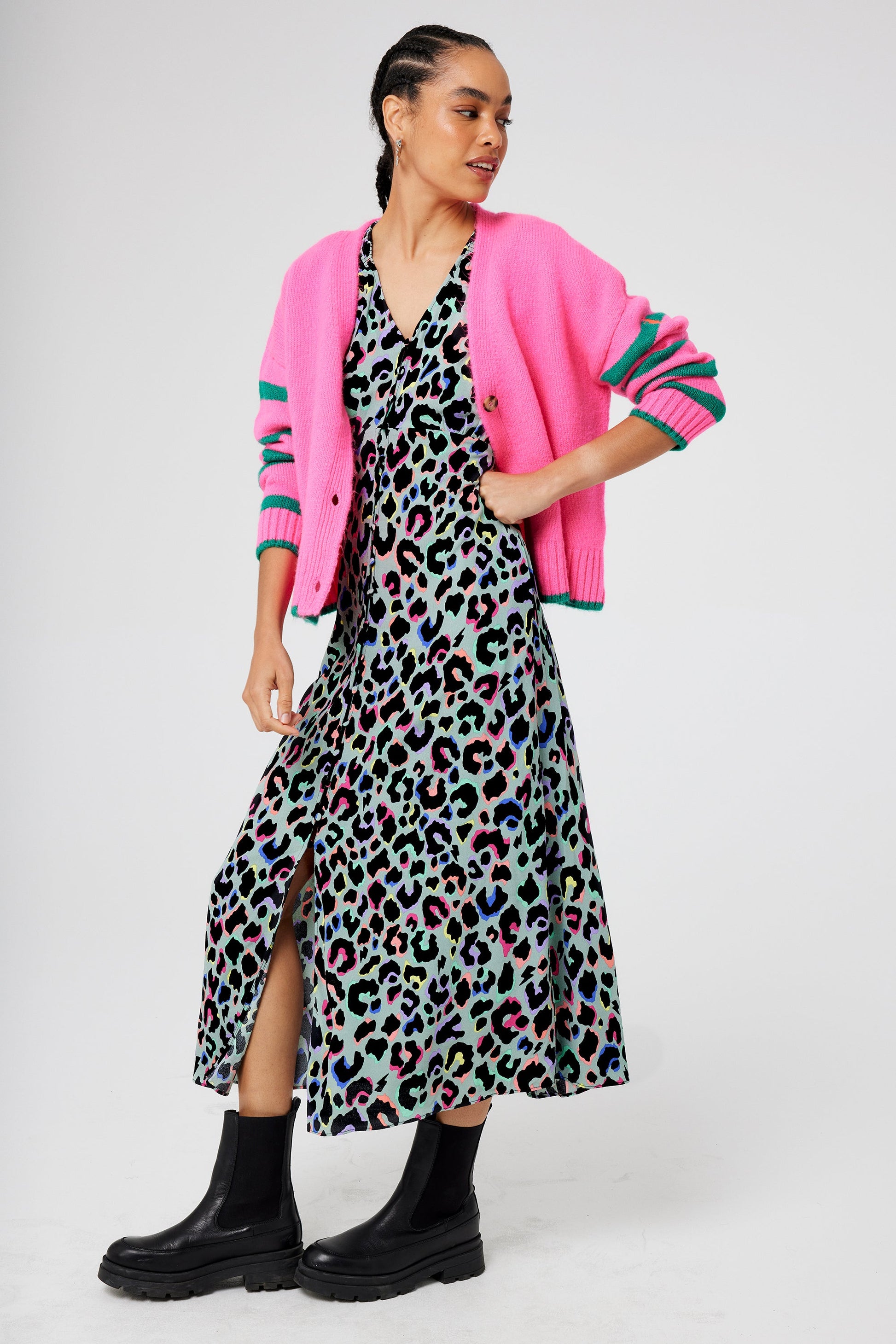 Pale Khaki with Rainbow Shadow Leopard Flute Sleeve Midi Tea Dress