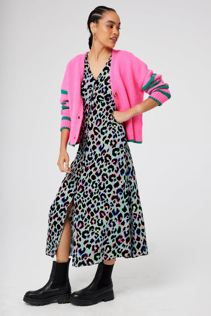 Pale Khaki with Rainbow Shadow Leopard Flute Sleeve Midi Tea Dress