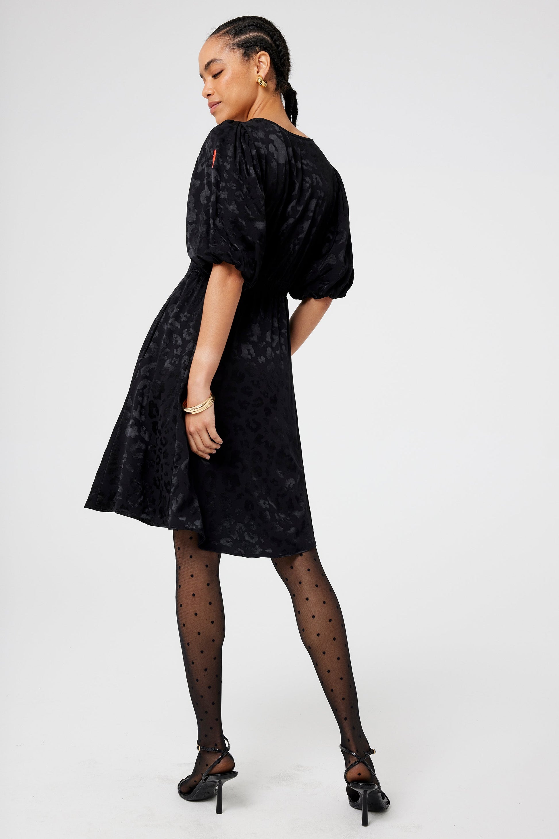 Black Jacquard Leopard Puff Sleeve Short Tea Dress