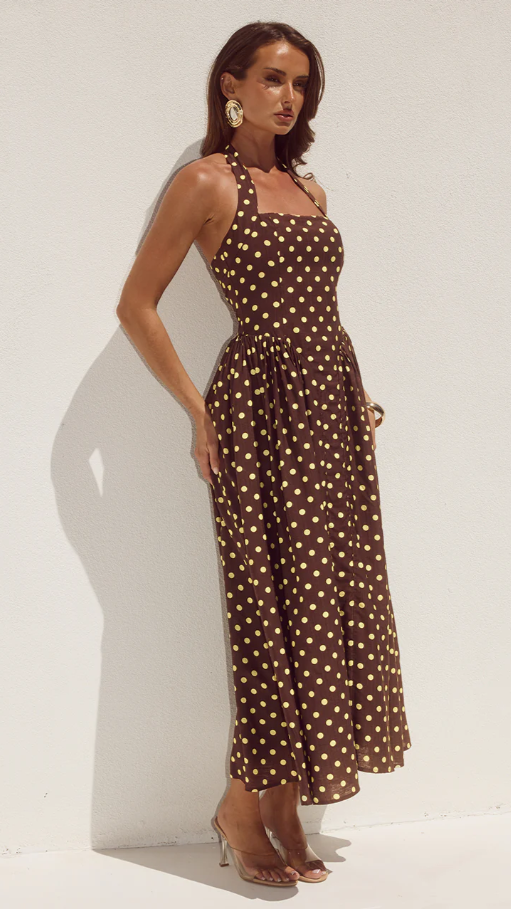 Sammi Halter Midi Dress - Choc/Lemon Polka