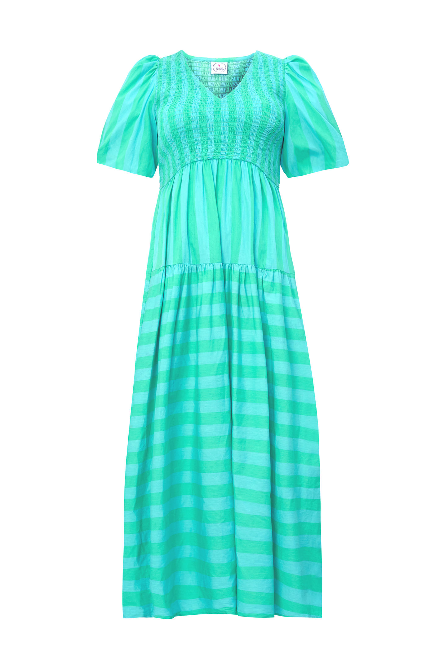 Blue with Green Stripe Puff Sleeve Maxi Dress